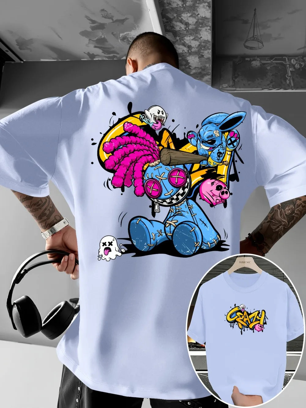 European and American new men's cartoon graffiti print comfortable, soft, breathable round neck T-shirt outdoor street style top