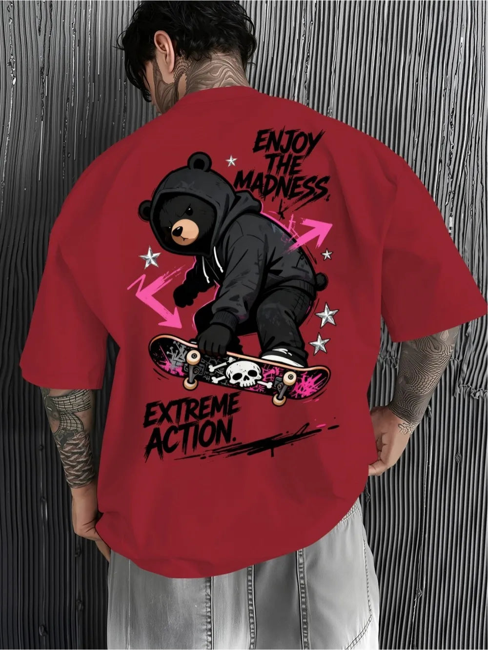 American men's summer teddy bear skateboard letter print comfortable and breathable round neck T-shirt outdoor street sports top