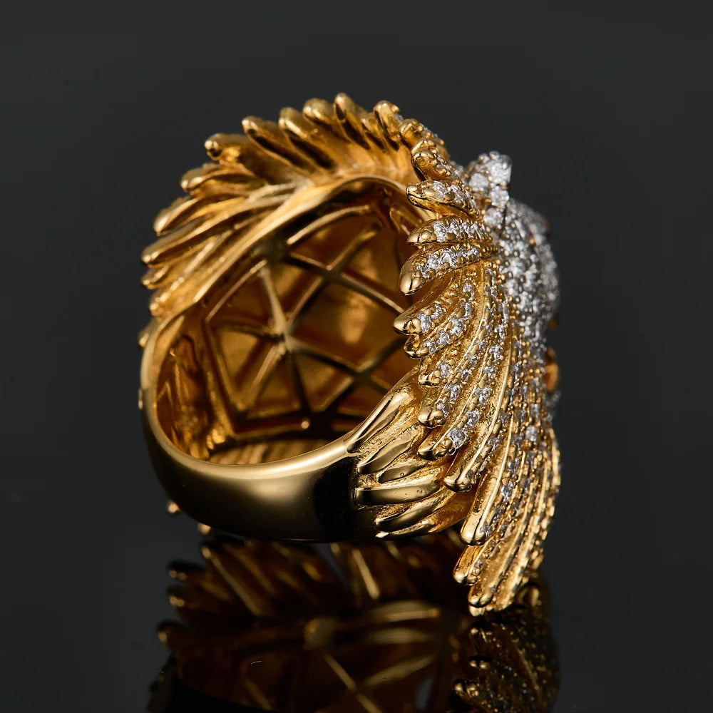 S925 Sterling Silver Gold Plated Lion Head Moissanite Ring, D Color VVS1 Ruby Accent Full Pave Iced Out Hip Hop Jewelry for Men