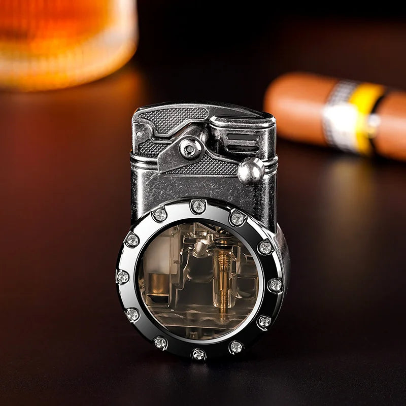 Personalized Rocker Double Straight Blue Flame Lighter Transparent Air Chamber Inflatable Lighter Men's High-end Business Gift