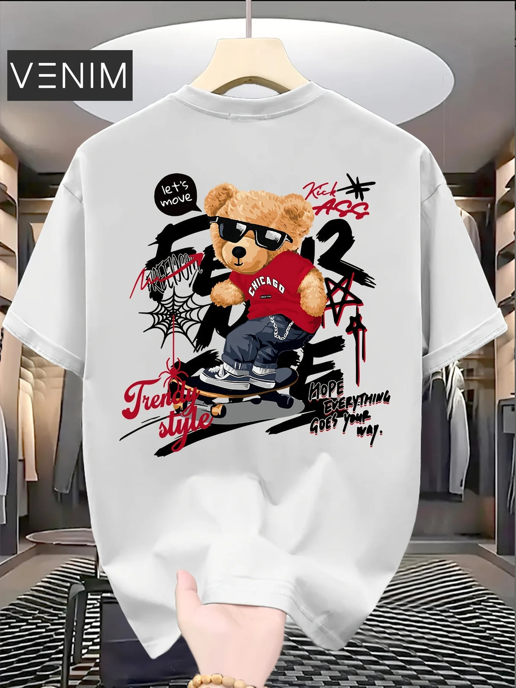 Best-selling Fashion Cute Bear Print 100% Cotton Trendy Men T-shirt Summer Daily Outdoor Sports Casual Loose Street Short-sleeve
