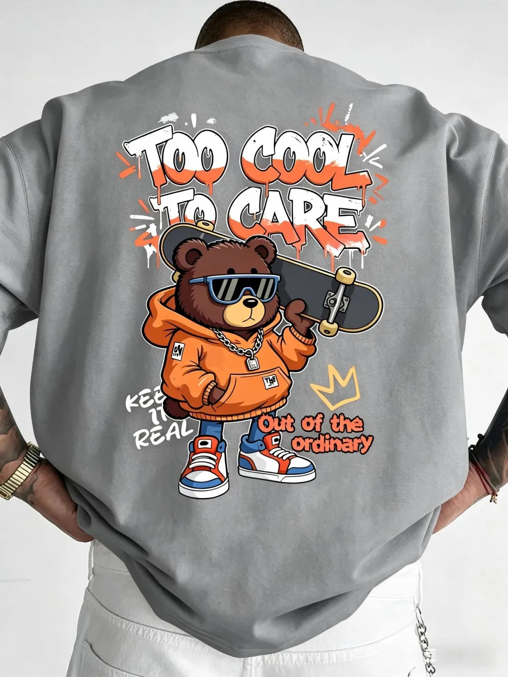 European and American men's summer new skateboard teddy bear print soft and breathable round neck T-shirt outdoor street top