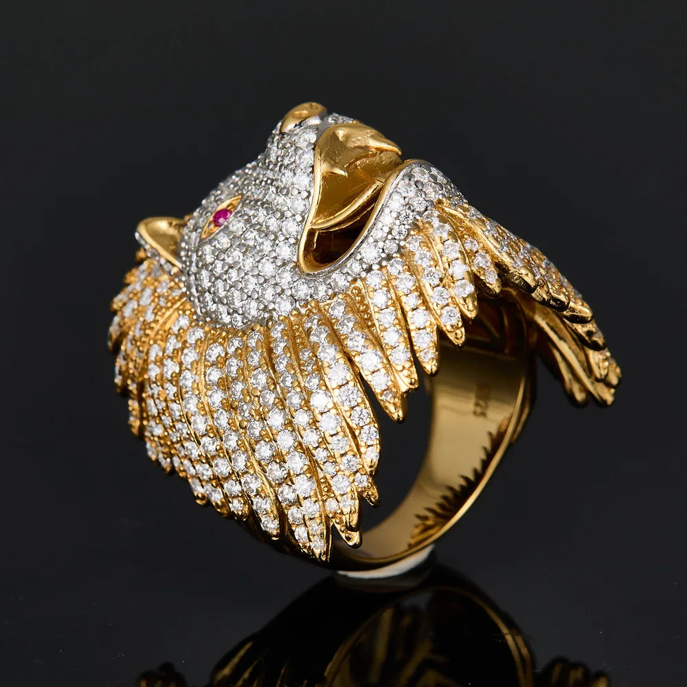 S925 Sterling Silver Gold Plated Lion Head Moissanite Ring, D Color VVS1 Ruby Accent Full Pave Iced Out Hip Hop Jewelry for Men