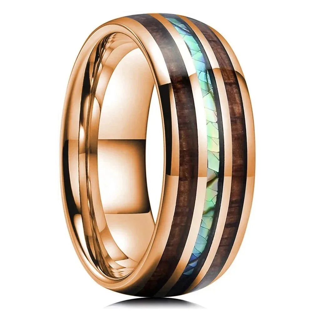 Fashion 8MM Gold Color Men Stainless Steel Ring Pink Abalone Shell Inlay Rings For Men Women Wedding Engagement Jewelry Gift