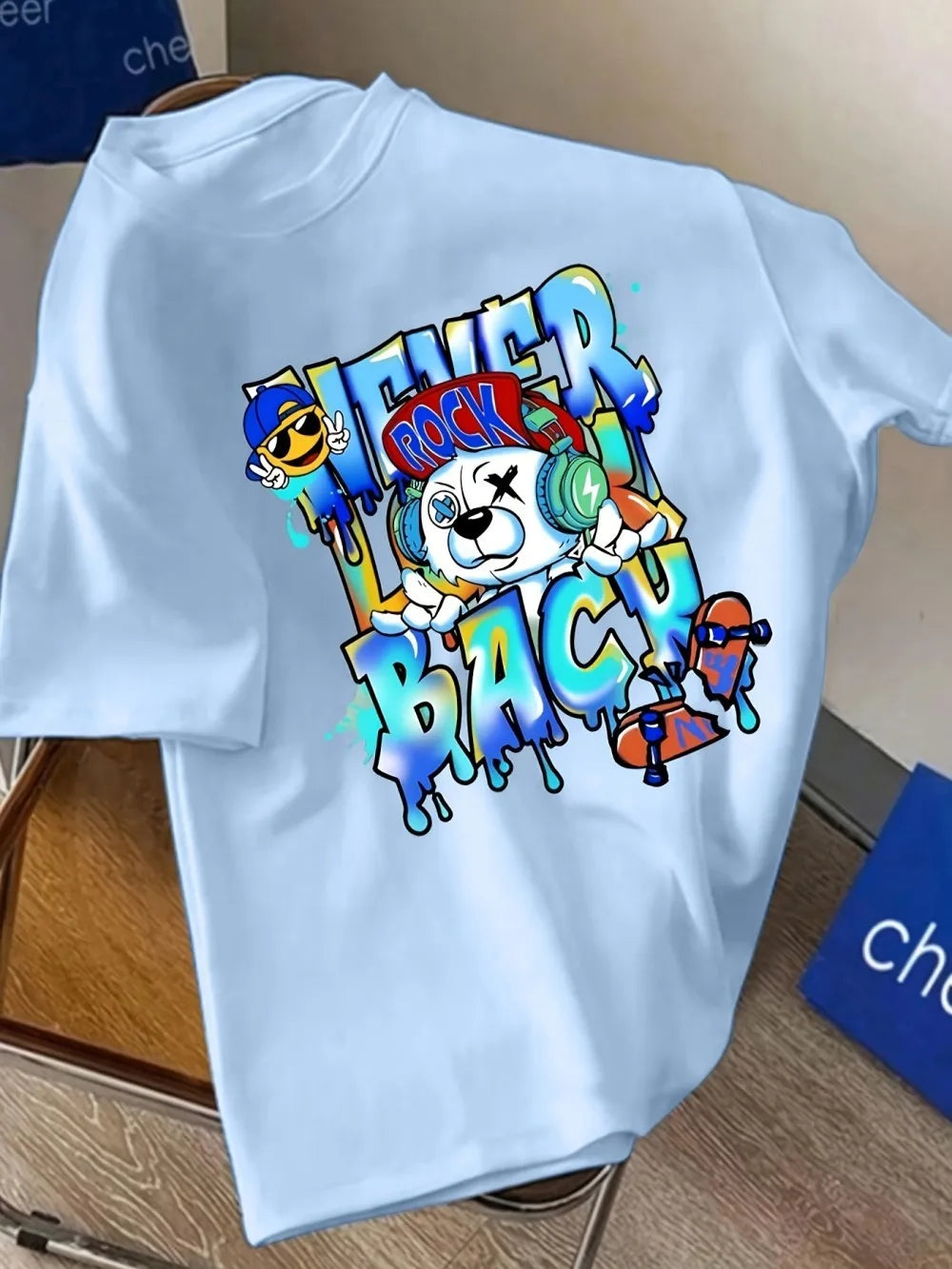 American Men's Summer Music Teddy Bear Graffiti Printed Round Neck T-shirt Comfortable and Breathable Outdoor Street Top
