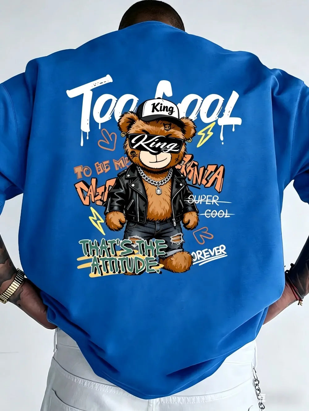 European and American men's summer teddy bear skateboard print comfortable and breathable round neck Tshrit outdoor street top
