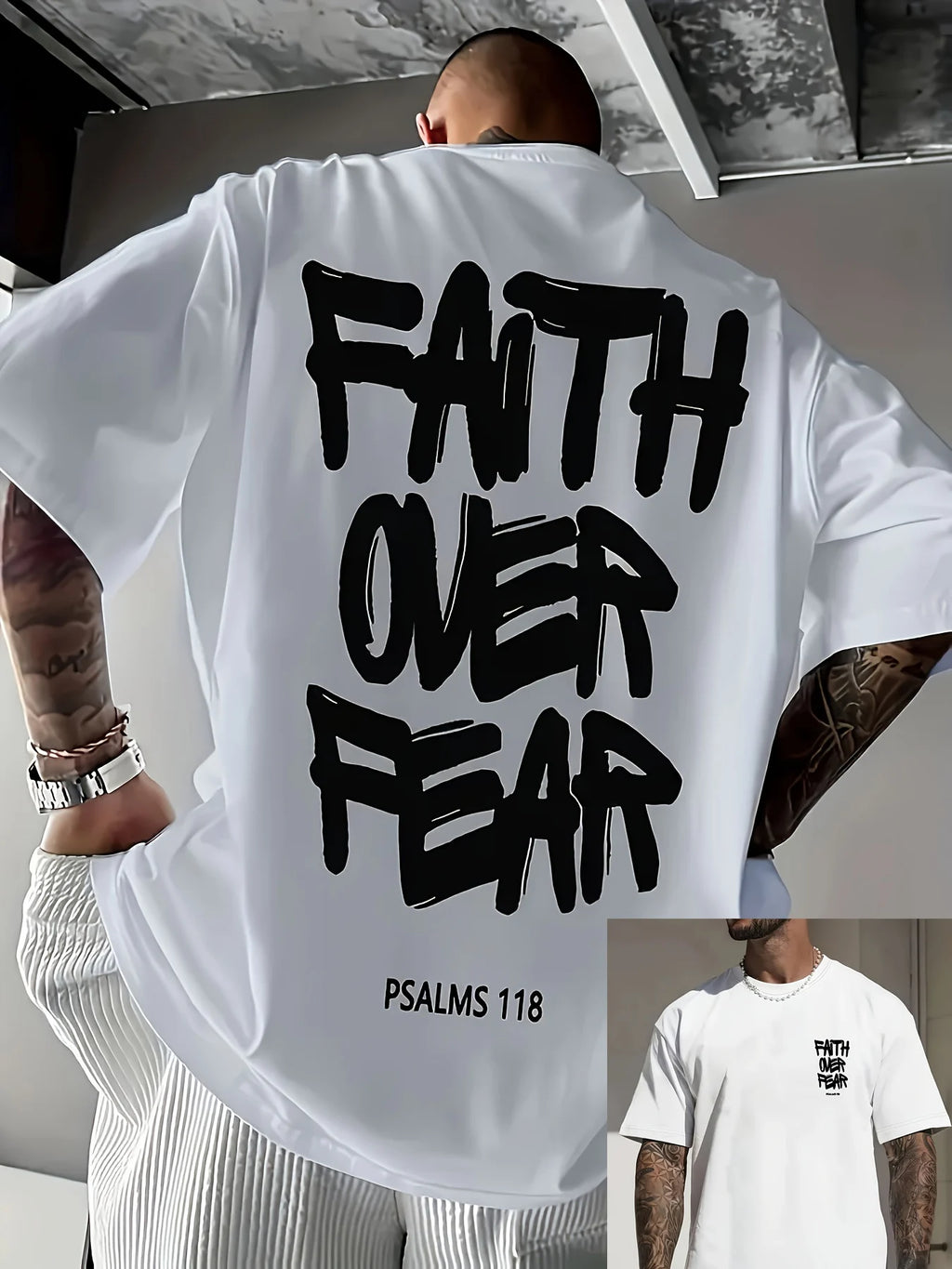 Summer men's 100% pure cotton casual fashionable loose FAITH OVER FEAR letter printed round neck short sleeved T-shirt
