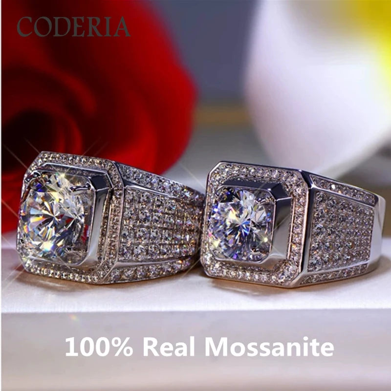 VVS1 High Clarity D Color 2-5 Carat Moissanite Men Ring 925 Sterling Silver White Gold Plated Lab Diamond Rings Wedding Jewelry