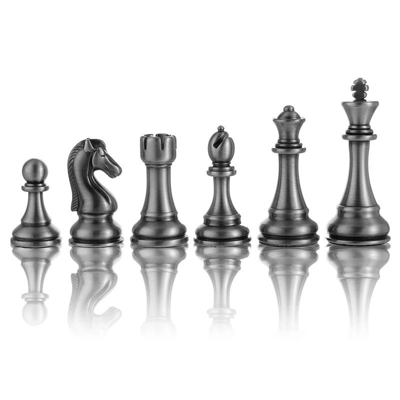 High end metal chess pieces, 38cm/15 inches, ebony wooden chessboard, providing foldable classic games for chess enthusiasts