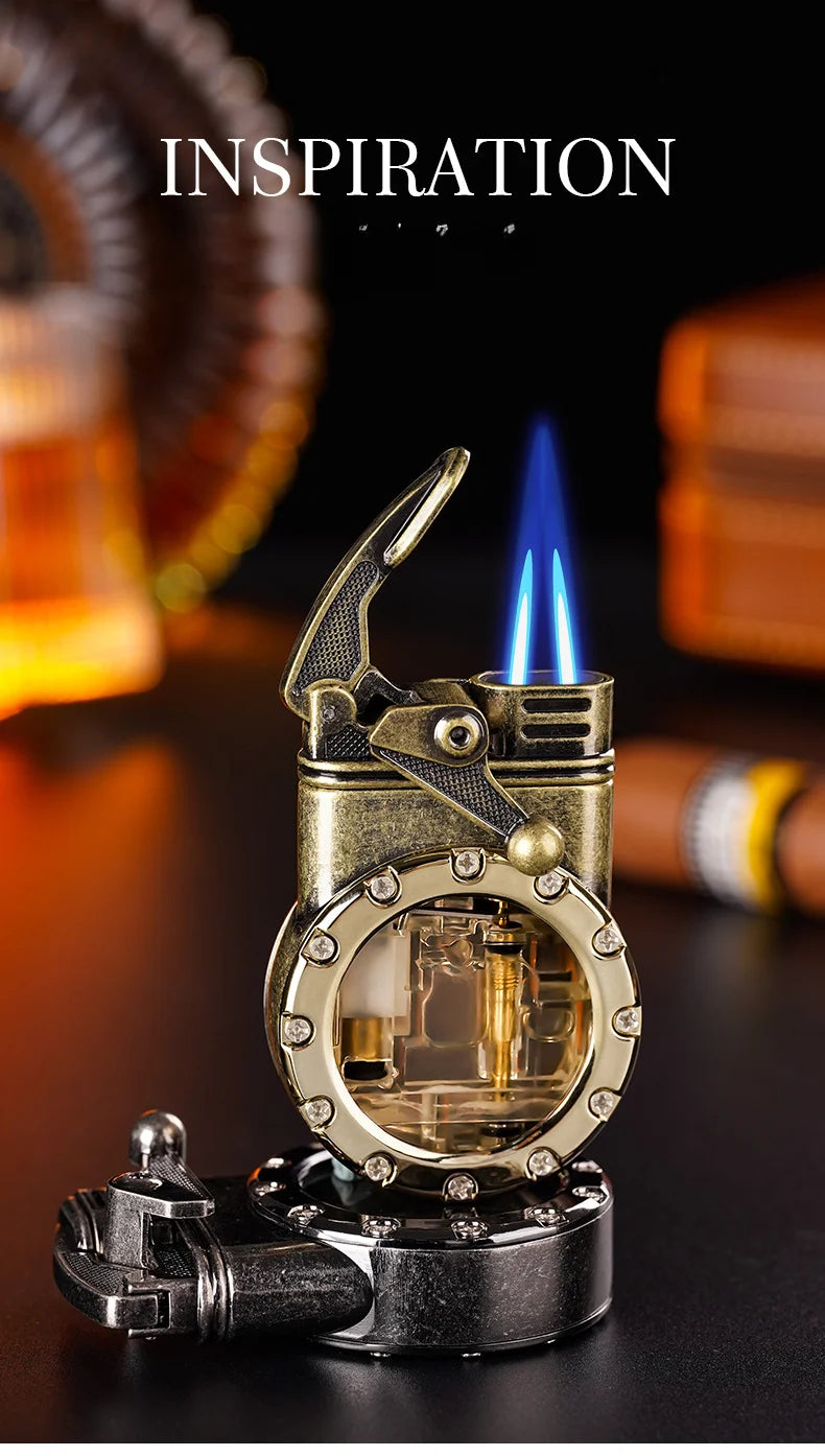 Personalized Rocker Double Straight Blue Flame Lighter Transparent Air Chamber Inflatable Lighter Men's High-end Business Gift