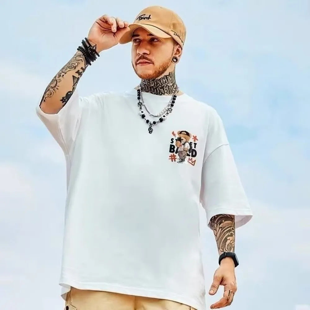 Summer Men's New Personalized Bear Printed Micro Elastic Breathable Round Neck T-shirt Outdoor Street Versatile Top