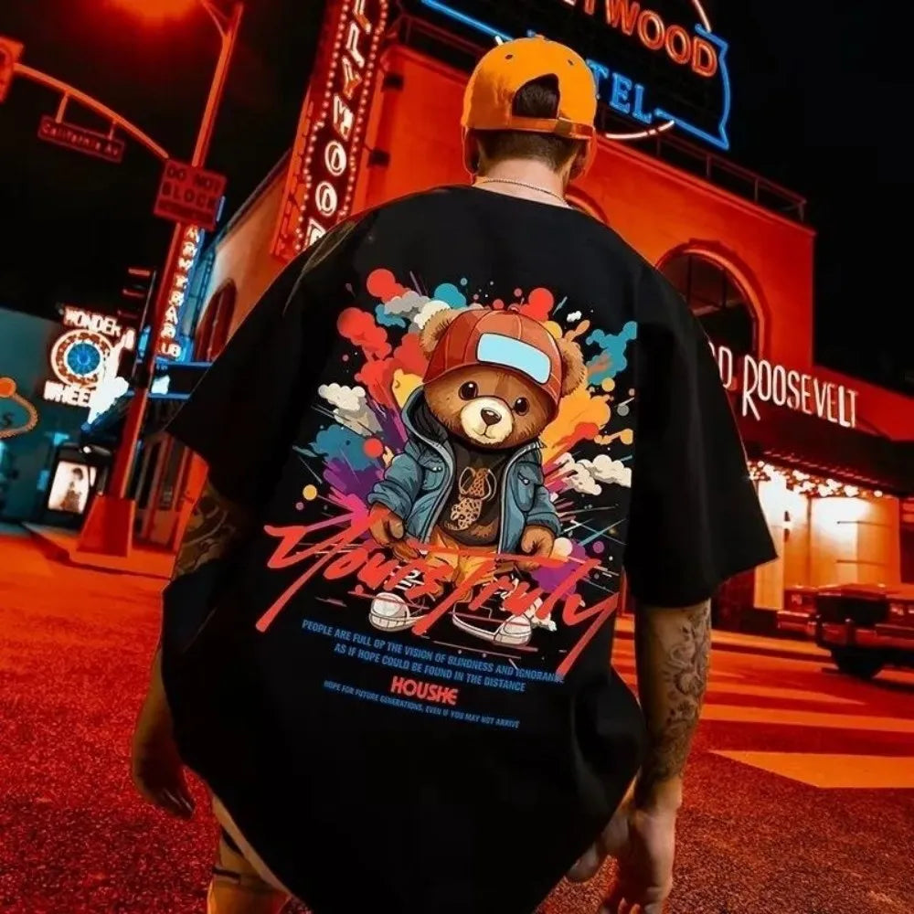European and American men's summer fun teddy bear graffiti print soft and breathable round neck T-shirt outdoor street top