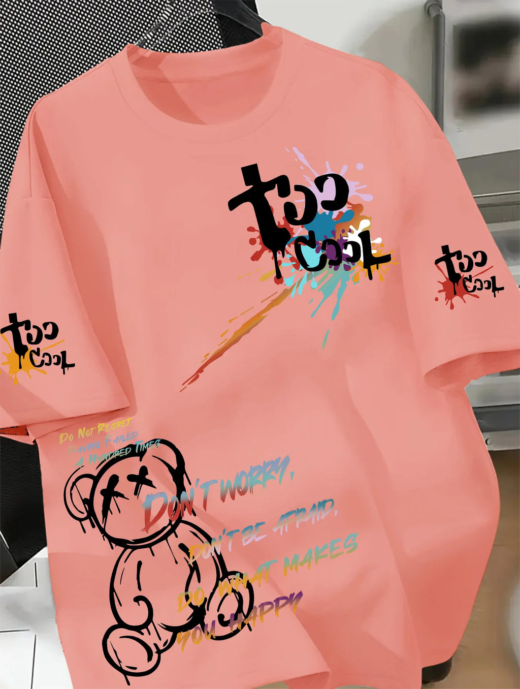 Men's Hip Hop Graffiti Bear Print T Shirt - "Too Cool" Streetwear Short Sleeve Tee Casual Fashion Tops