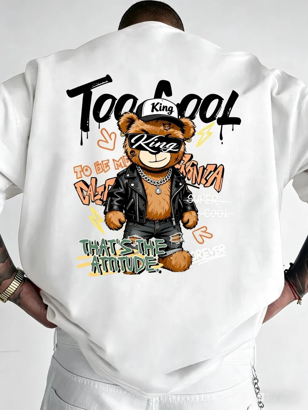 European and American men's summer teddy bear skateboard print comfortable and breathable round neck Tshrit outdoor street top