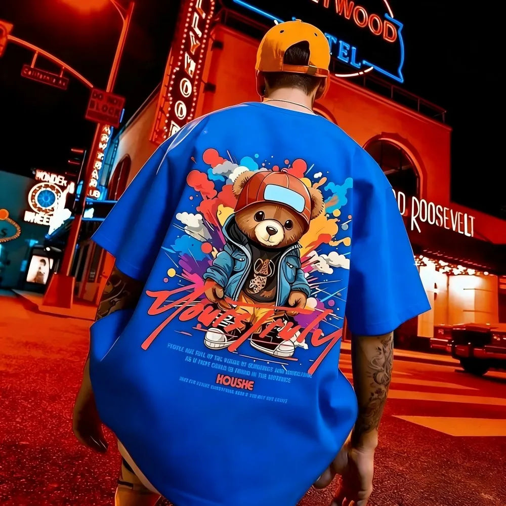 European and American men's summer fun teddy bear graffiti print soft and breathable round neck T-shirt outdoor street top