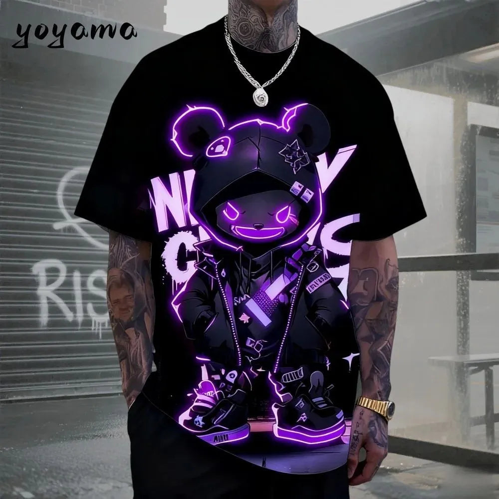 European and American men's summer cool teddy bear print comfortable and breathable round neck T-shirt outdoor street top