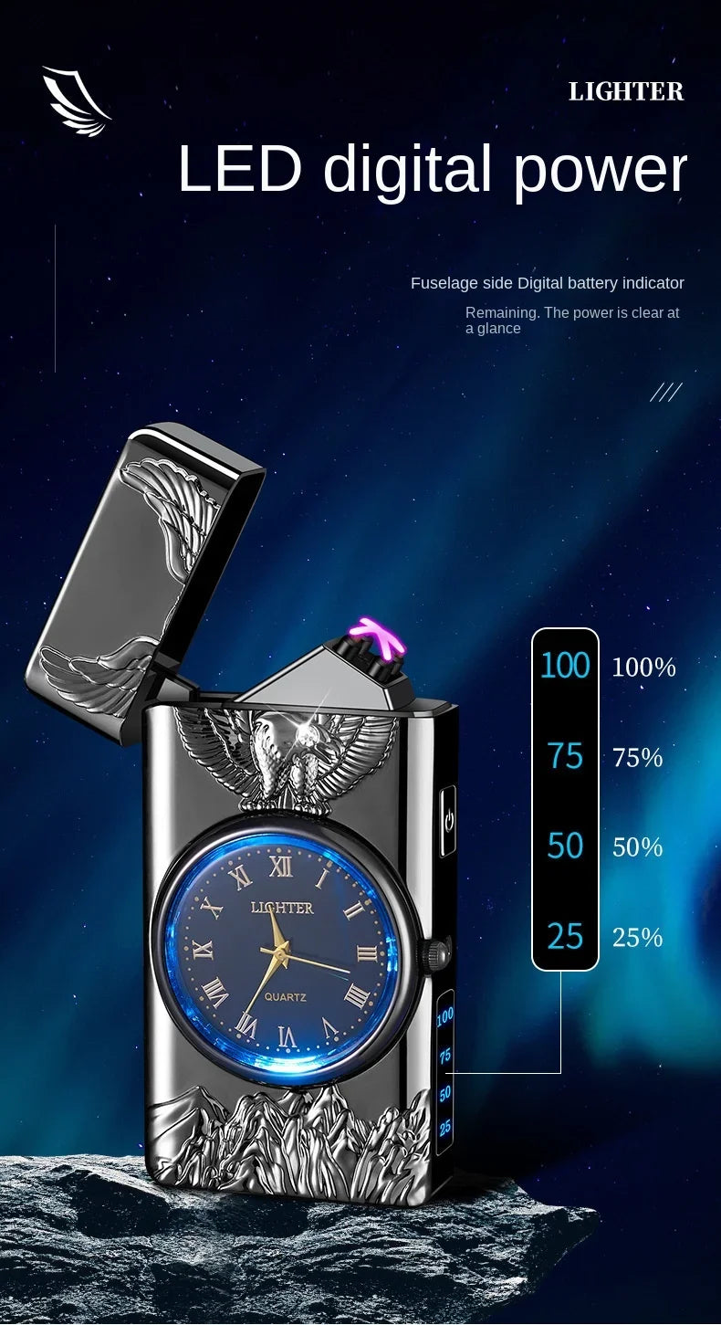 USB Rechargeable Dual Arc Metal Windproof Multifunction Lighter, Eagle Engraved Luminous Dial, LED Lighting Cigarette Lighter
