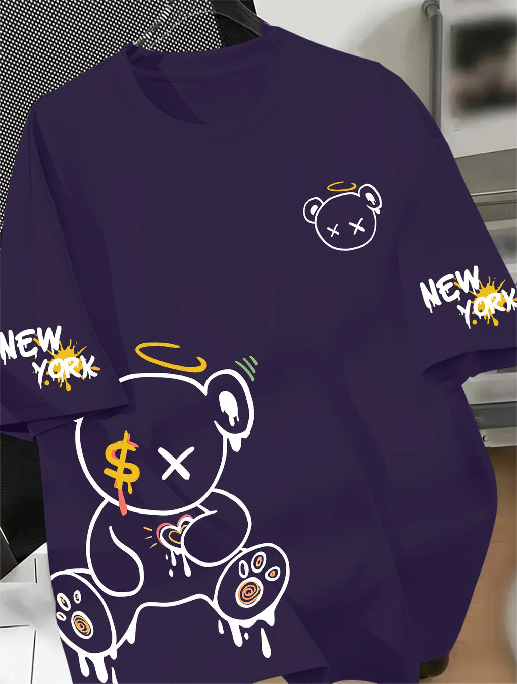 Men's Oversized New York T-Shirt Cartoon Drippy Teddy Bear Graphic Short Sleeve Tee Casual Streetwear Tops