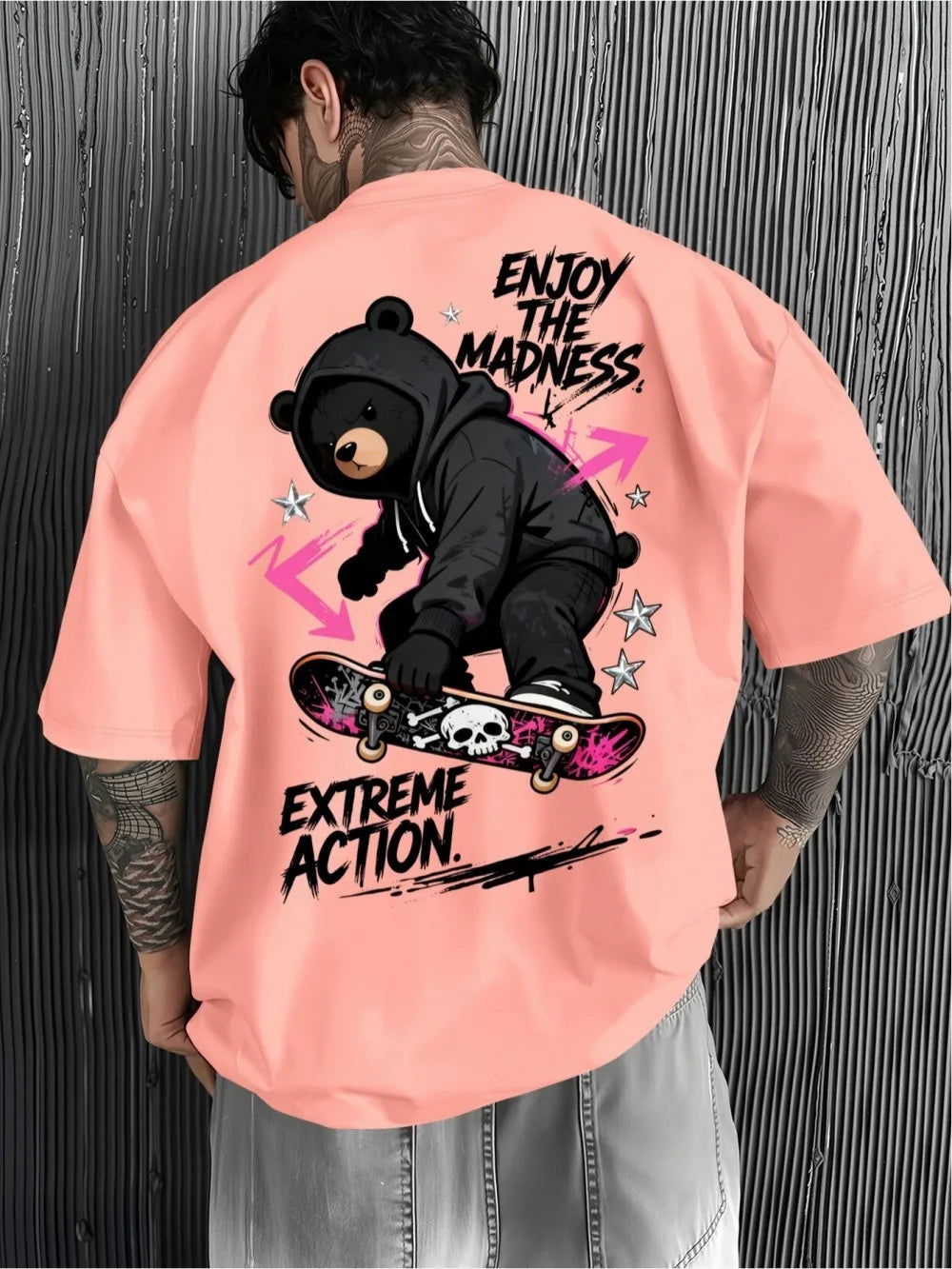 American men's summer teddy bear skateboard letter print comfortable and breathable round neck T-shirt outdoor street sports top