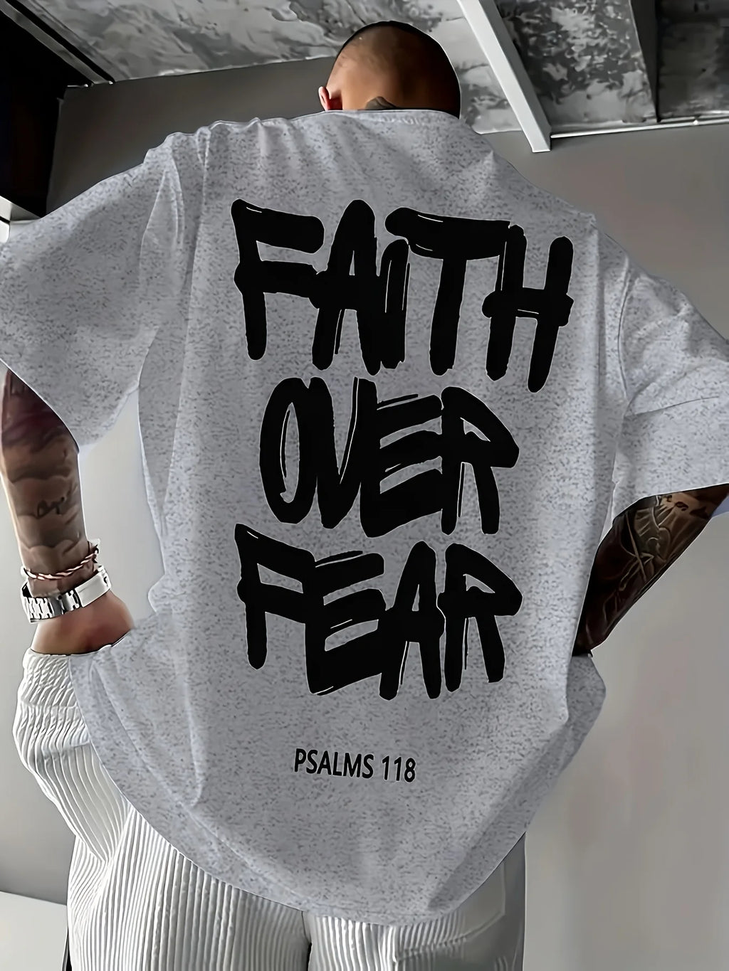 Summer men's 100% pure cotton casual fashionable loose FAITH OVER FEAR letter printed round neck short sleeved T-shirt
