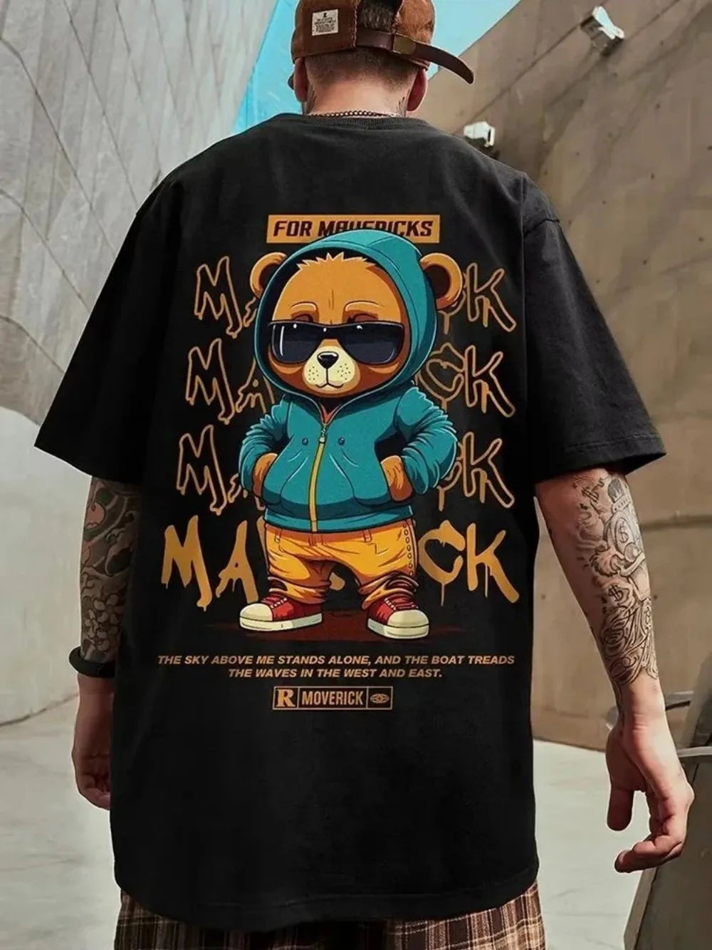 American men's summer personalized cartoon teddy bear letter print soft and breathable round neck T-shirt outdoor street top