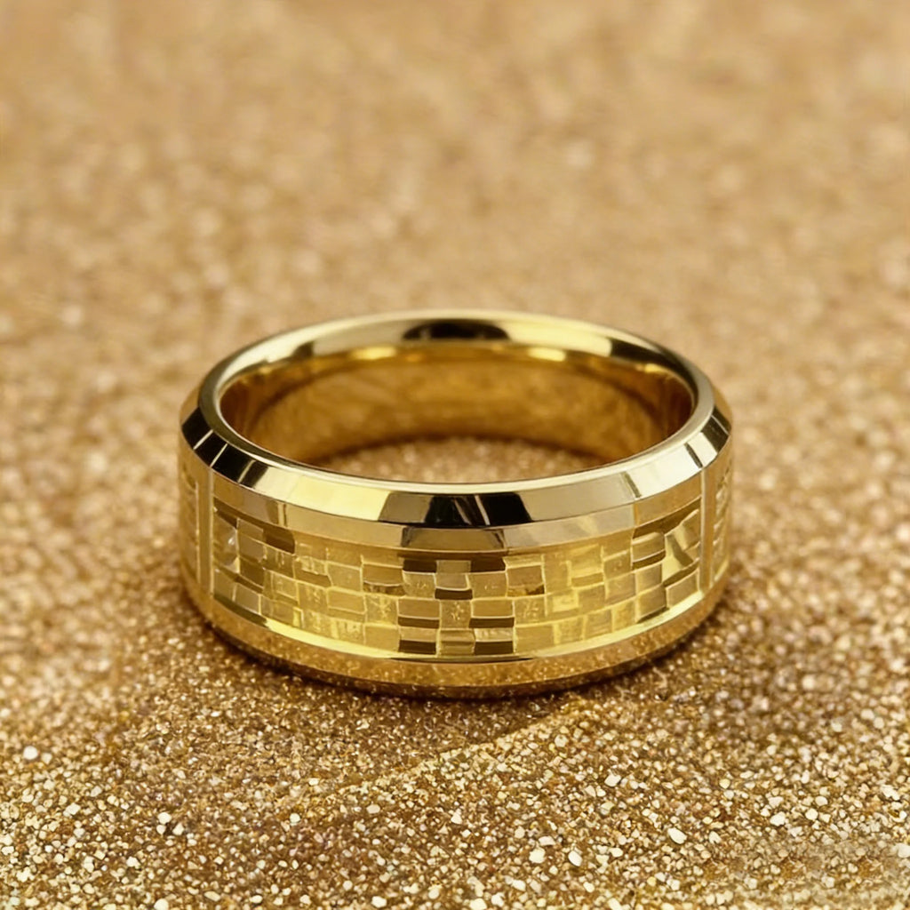 Gold Color Carbon Fiber Inlay Rings For Men, Luxury 8MM Men Gold Color Stainless Steel Rings, Wedding Band Jewelry Drop Shipping