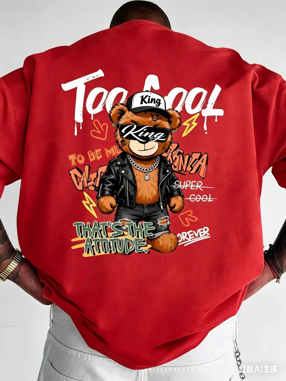 European and American men's summer teddy bear skateboard print comfortable and breathable round neck Tshrit outdoor street top