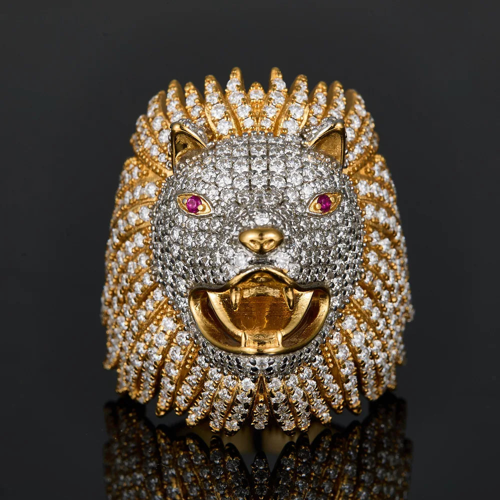 S925 Sterling Silver Gold Plated Lion Head Moissanite Ring, D Color VVS1 Ruby Accent Full Pave Iced Out Hip Hop Jewelry for Men