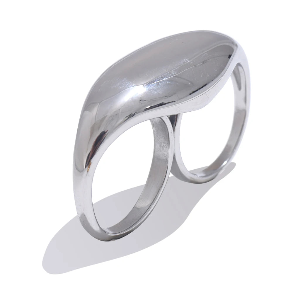 Yhpup Stainless Steel Metal Double Finger Geometric Ring Personality Rust Proof Attractive Big Exaggerated Jewelry Gift
