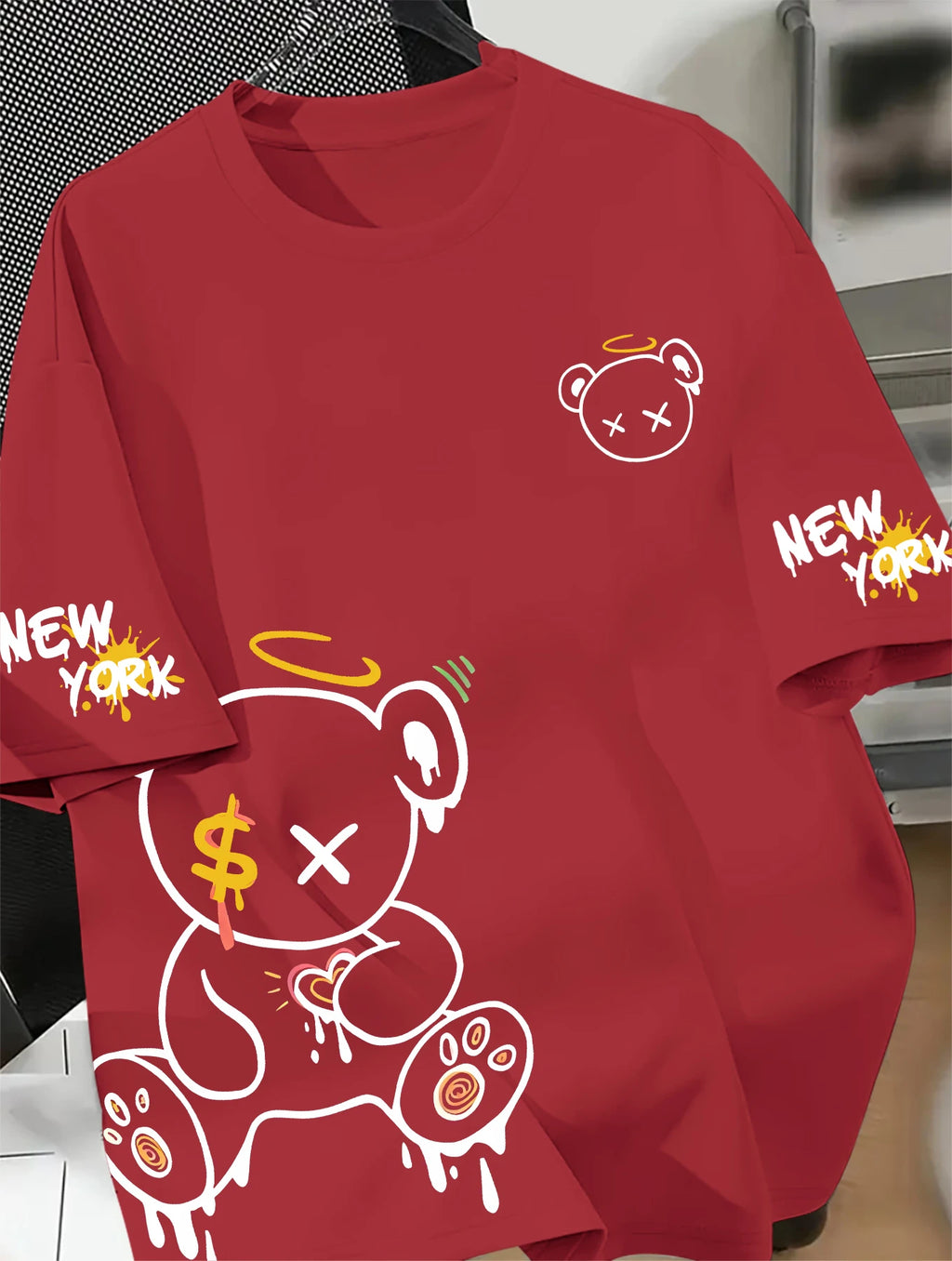 Men's Oversized New York T-Shirt Cartoon Drippy Teddy Bear Graphic Short Sleeve Tee Casual Streetwear Tops