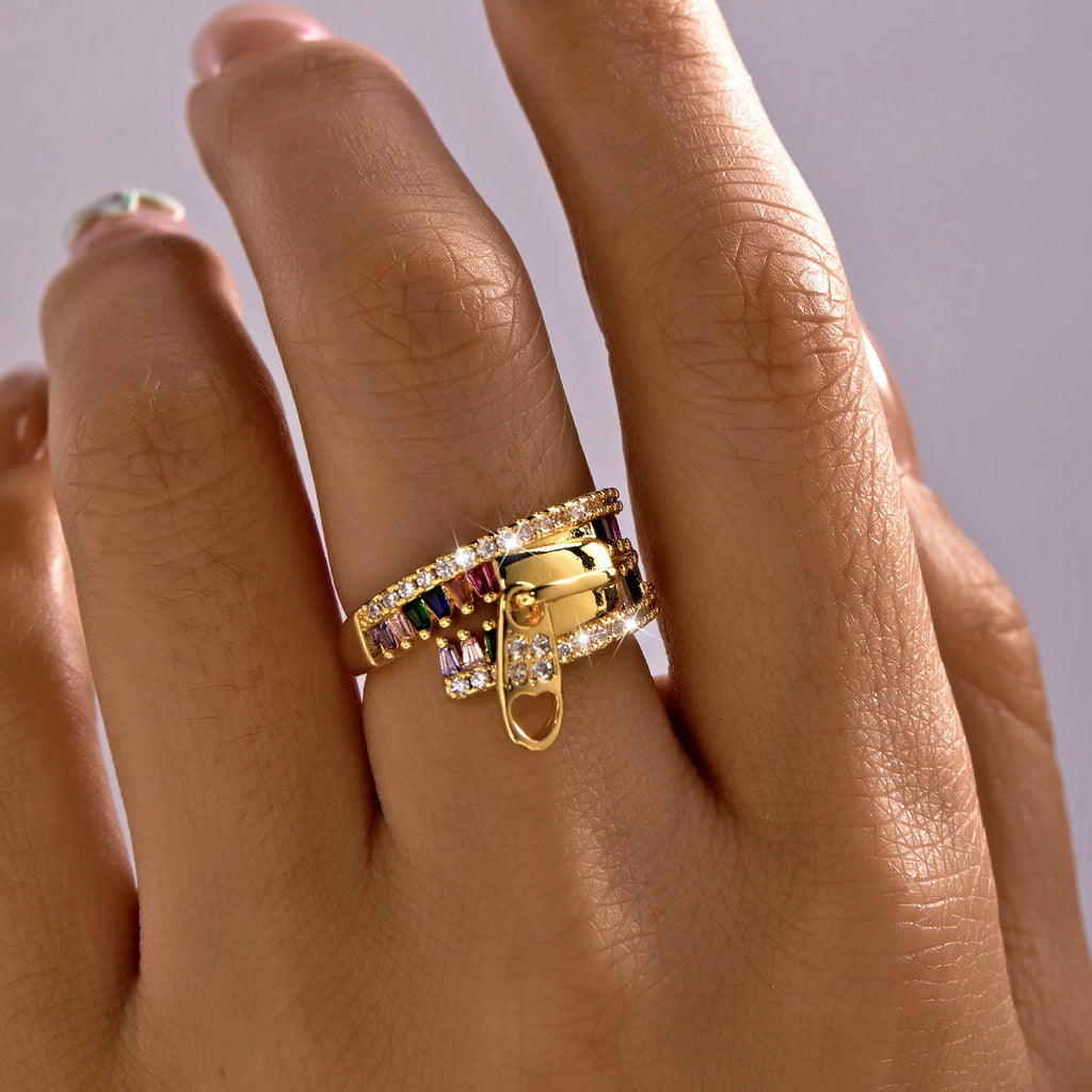 Unique Zipper Design Ring For Women Girls Colorful Cubic Zirconia Geometric Adjustable Finger Ring Party Dating Promise Jewelry
