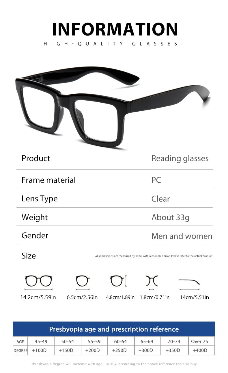 Anti Blue Light Reading Glasses for Man Woman Square Full Frame Retro Design Presbyopia Spectacles Lightweight Comfort Fit