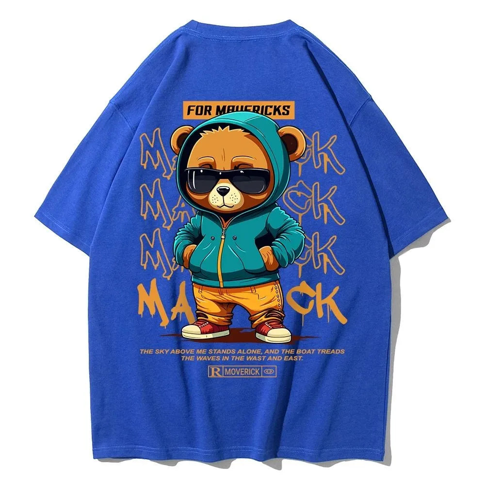 American men's summer personalized cartoon teddy bear letter print soft and breathable round neck T-shirt outdoor street top