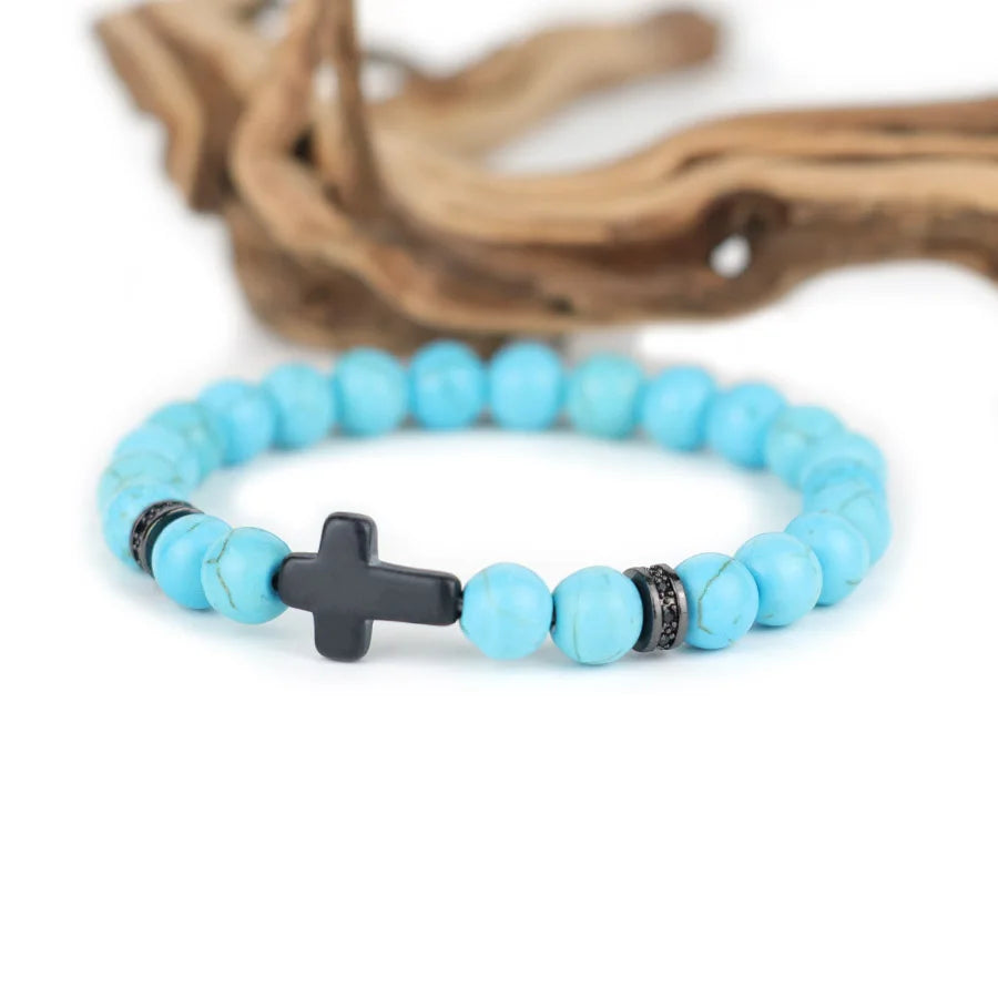 Men Crucifix Beaded Bracelet Onyx White Howlite Healing Braclet Charms Natural Stone Prayer Wristbands Stretch Religious Jewelry
