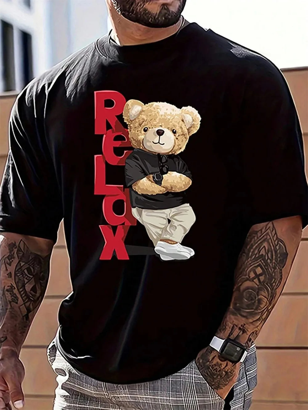 European and American men's summer new teddy bear letter print comfortable leak tight round neck T-shirt outdoor casual top
