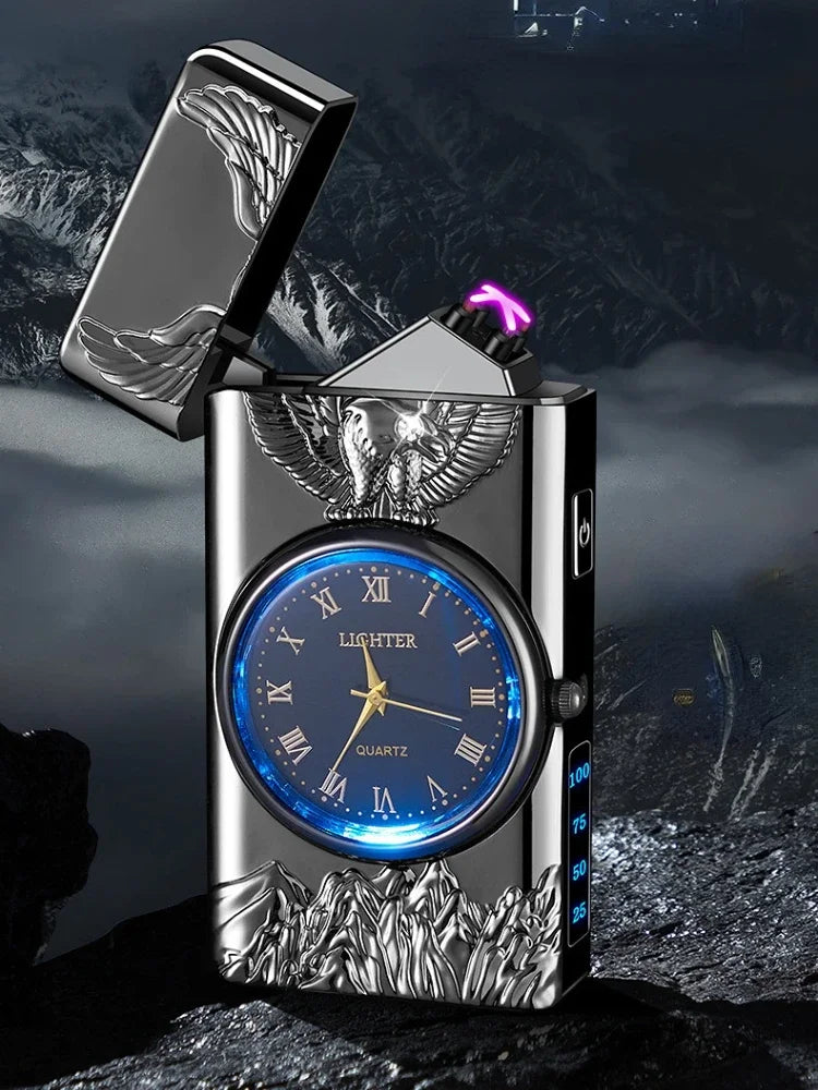 USB Rechargeable Dual Arc Metal Windproof Multifunction Lighter, Eagle Engraved Luminous Dial, LED Lighting Cigarette Lighter