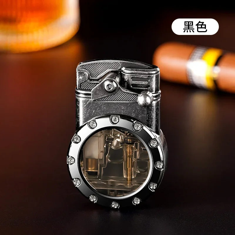Personalized Rocker Double Straight Blue Flame Lighter Transparent Air Chamber Inflatable Lighter Men's High-end Business Gift