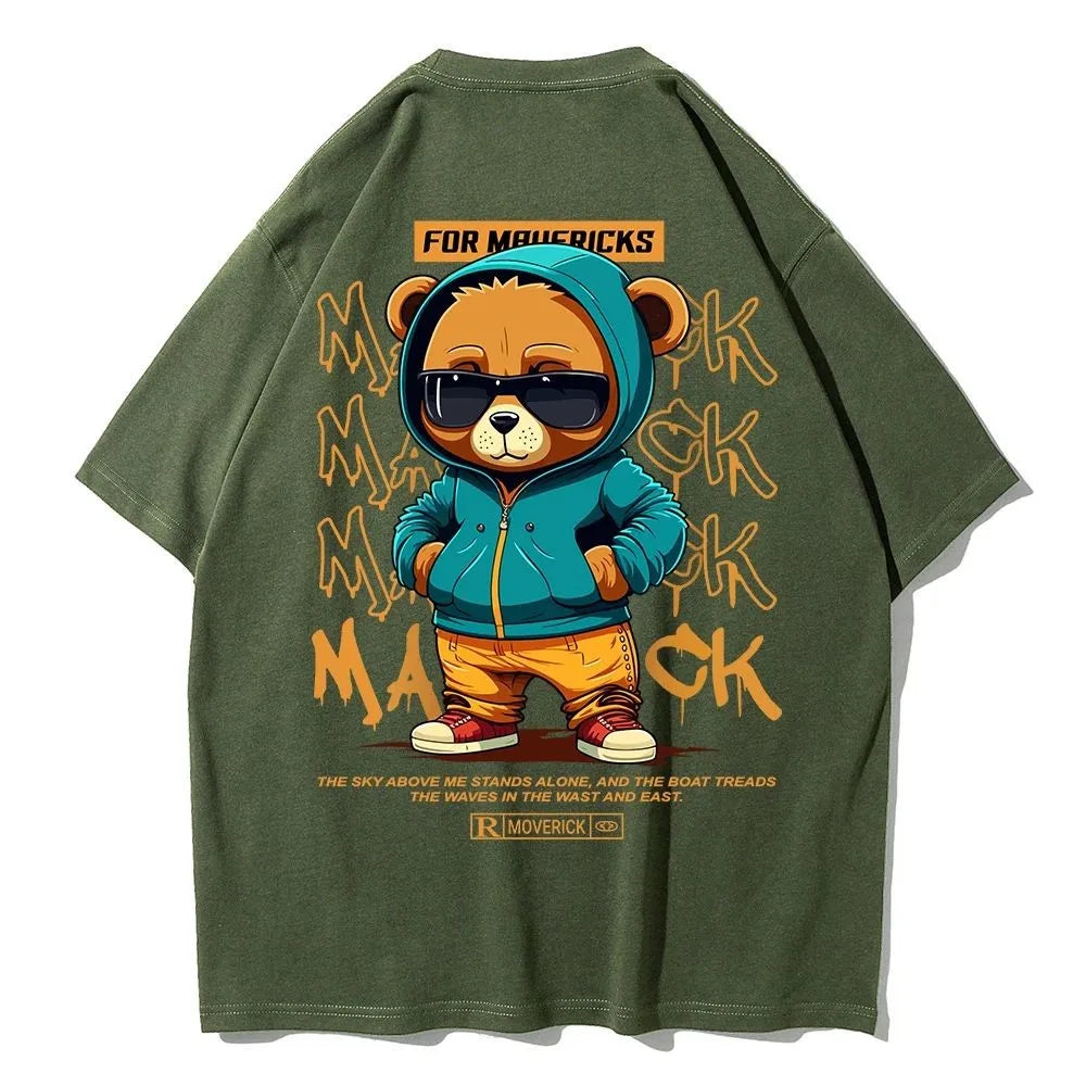 American men's summer personalized cartoon teddy bear letter print soft and breathable round neck T-shirt outdoor street top