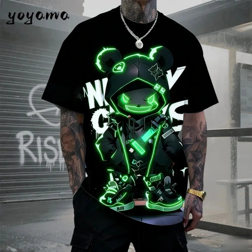 European and American men's summer cool teddy bear print comfortable and breathable round neck T-shirt outdoor street top