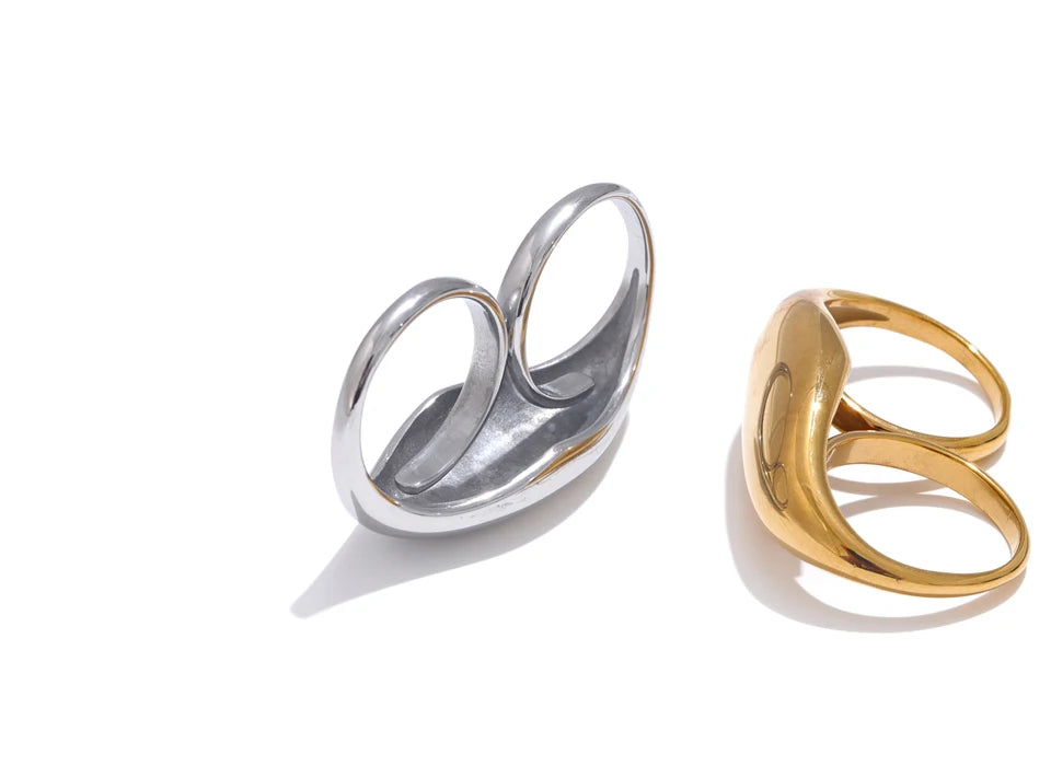 Yhpup Stainless Steel Metal Double Finger Geometric Ring Personality Rust Proof Attractive Big Exaggerated Jewelry Gift