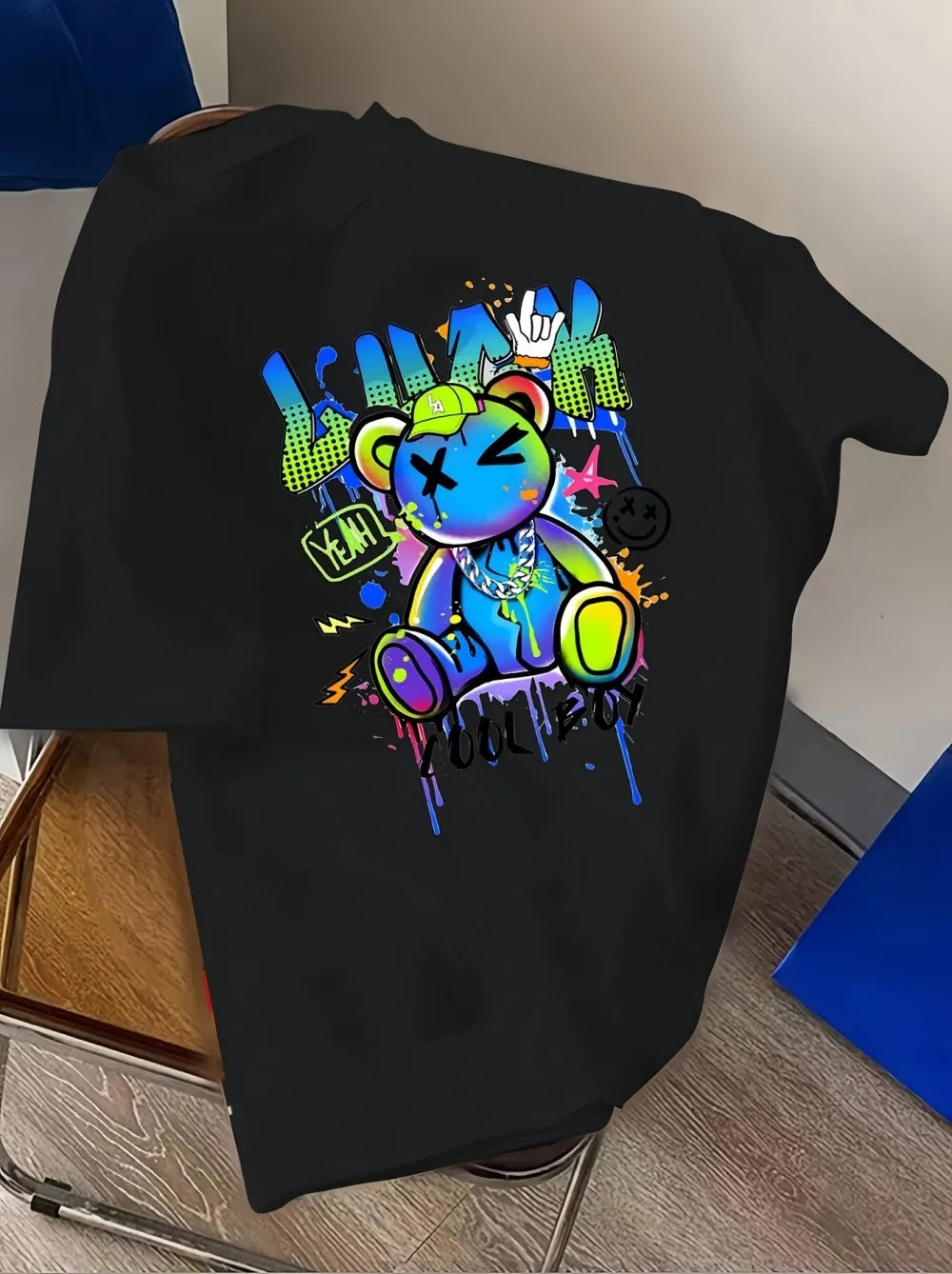 American Men's Summer Music Teddy Bear Graffiti Printed Round Neck T-shirt Comfortable and Breathable Outdoor Street Top