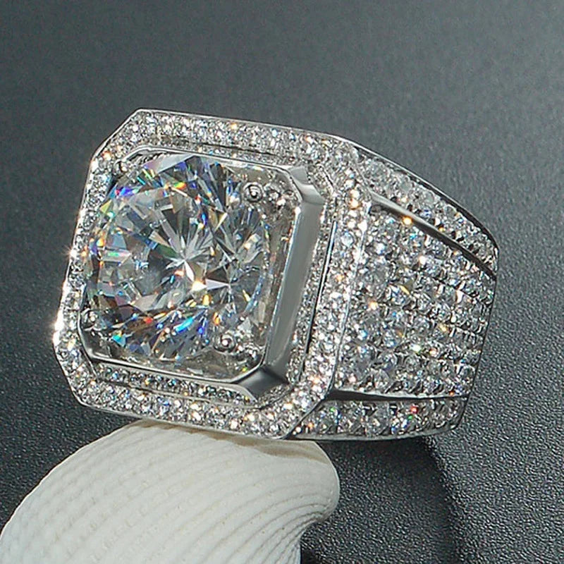 Milangirl  Clear Cubic Zircon Luxurious Round Men Ring   Wedding Band Male Rings Punk Rock Hip Hop Jewelry