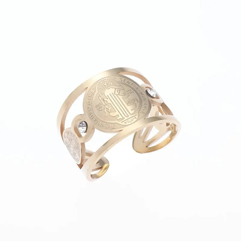 Stainless Steel Catholic Exorcist Saint Benedict Religious Adjustable Size Ring Christian Religious Prayer Jewelry for Men Women
