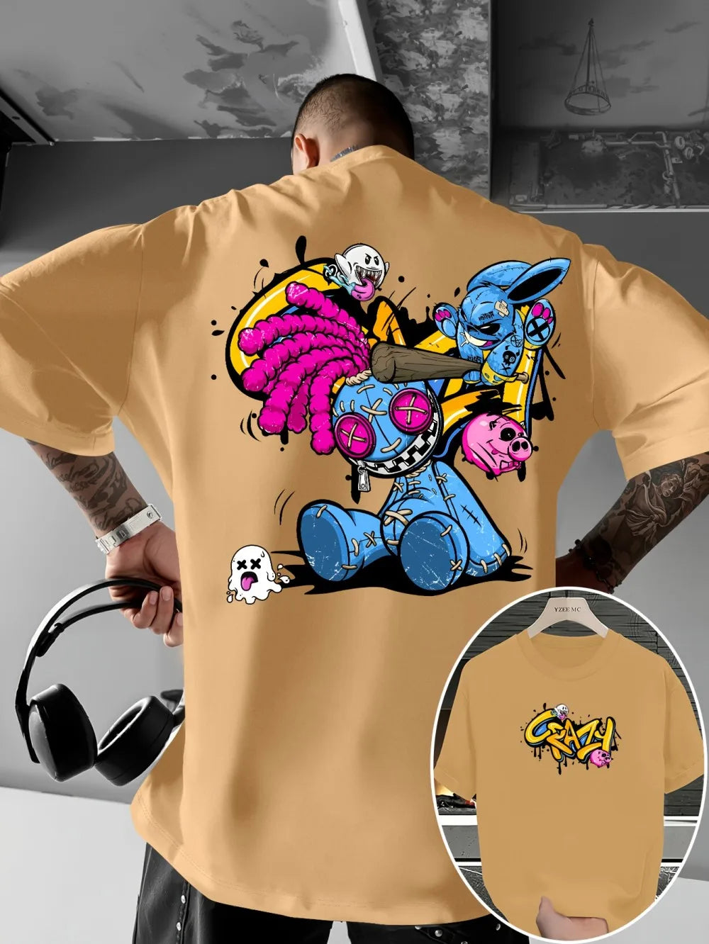 European and American new men's cartoon graffiti print comfortable, soft, breathable round neck T-shirt outdoor street style top