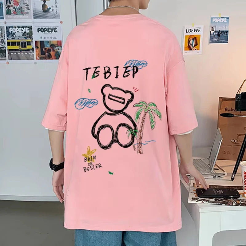 Trendy Little Bear 2026 Summer Casual new T-shirt Pure Cotton Cartoon Printed Men women Clothing New Anime Fashion Short Sleeve