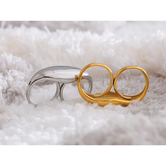Yhpup Stainless Steel Metal Double Finger Geometric Ring Personality Rust Proof Attractive Big Exaggerated Jewelry Gift