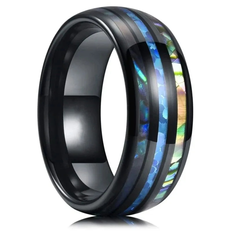Fashion 8MM Gold Color Men Stainless Steel Ring Pink Abalone Shell Inlay Rings For Men Women Wedding Engagement Jewelry Gift