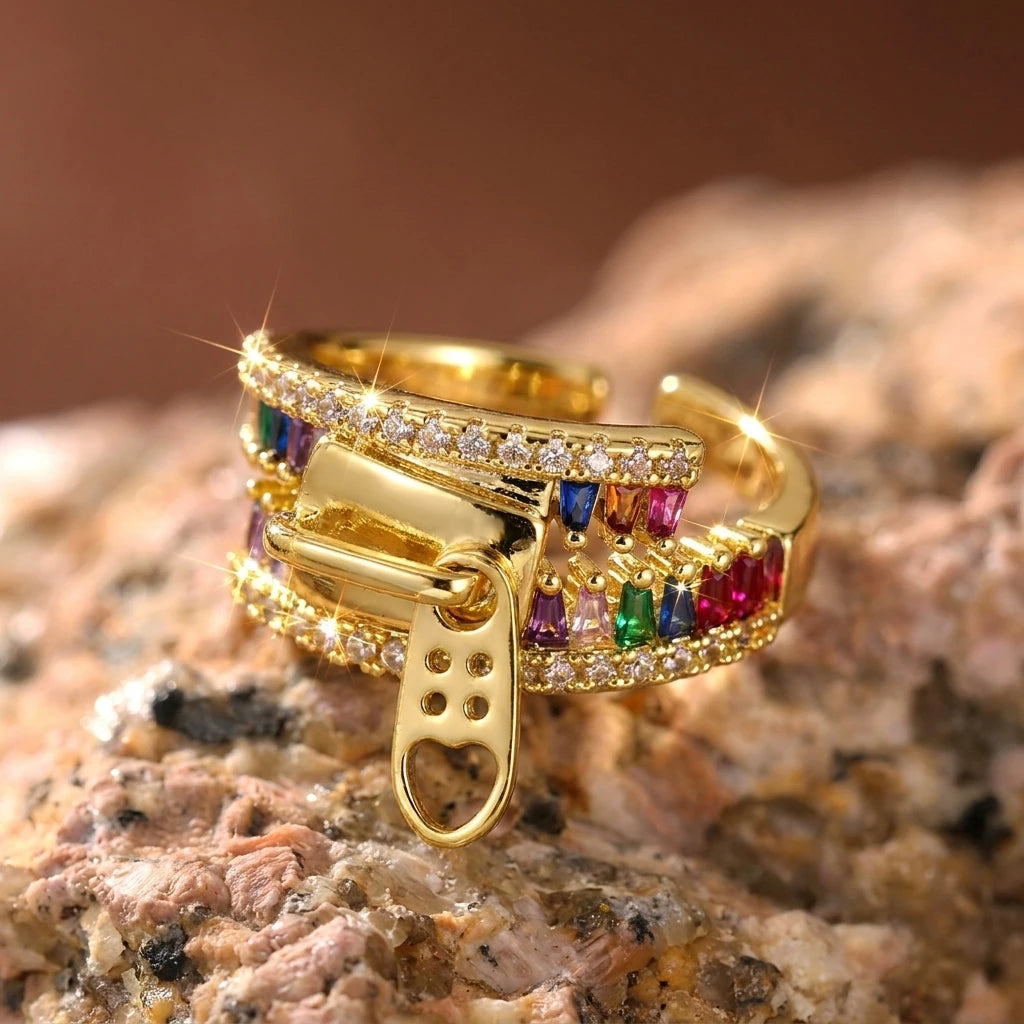 Unique Zipper Design Ring For Women Girls Colorful Cubic Zirconia Geometric Adjustable Finger Ring Party Dating Promise Jewelry