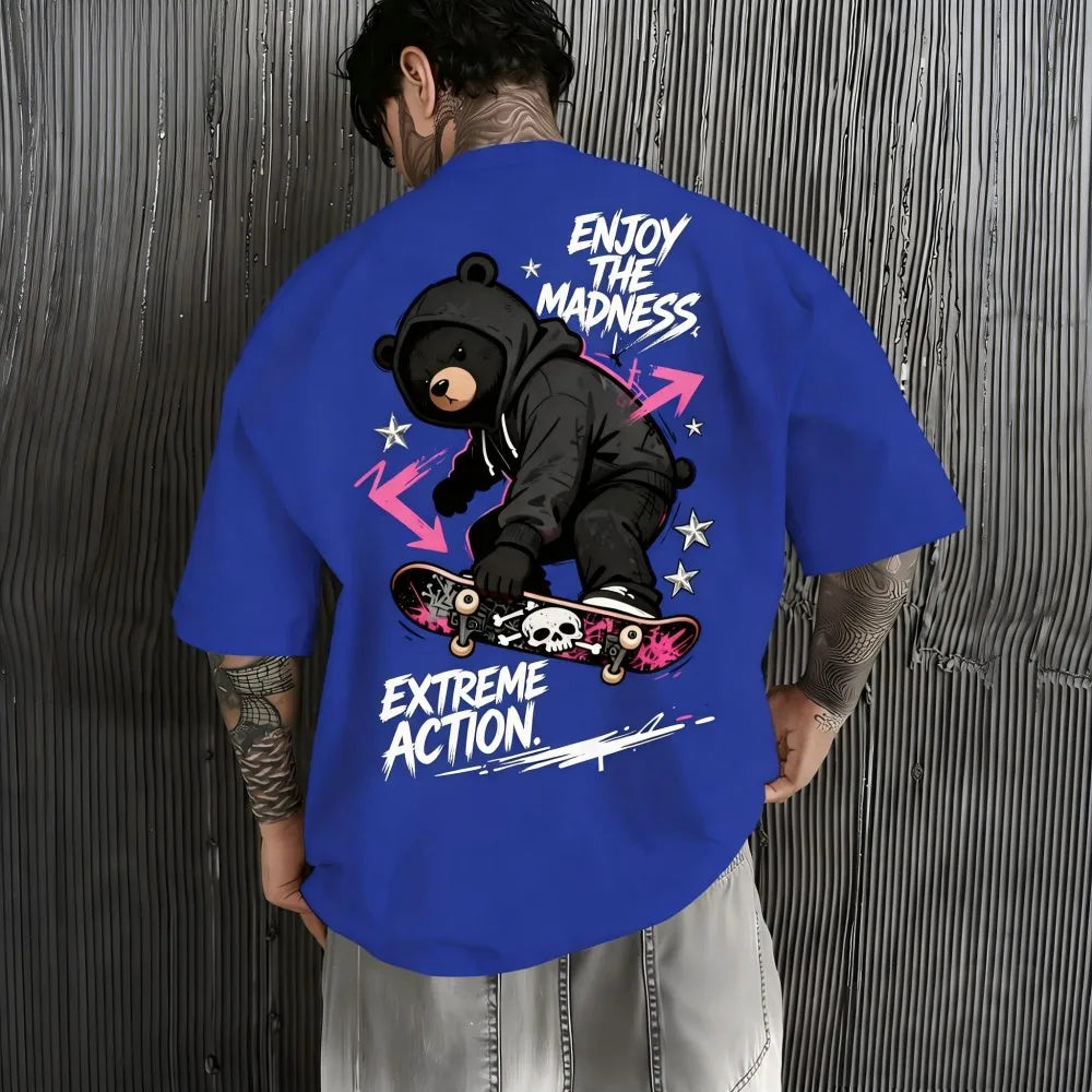 American men's summer teddy bear skateboard letter print comfortable and breathable round neck T-shirt outdoor street sports top