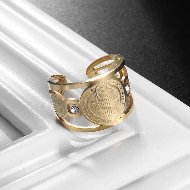 Stainless Steel Catholic Exorcist Saint Benedict Religious Adjustable Size Ring Christian Religious Prayer Jewelry for Men Women